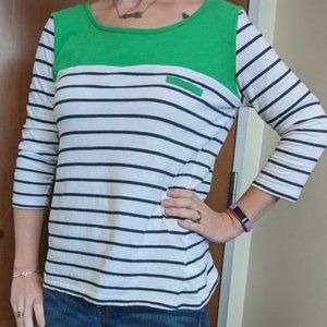 Hannah Black, White Striped Top, Green Neckline